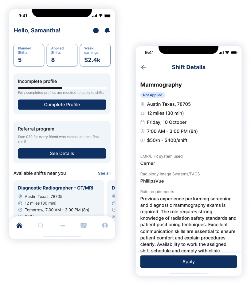 RadShifts Shift Details Mobile View